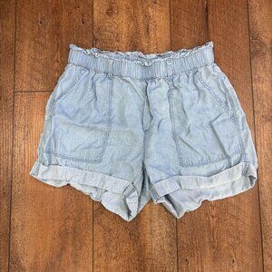 Aerie Womens S Lyocell Paperbag Waist Blue Chambray Shorts Casual Summer Elastic